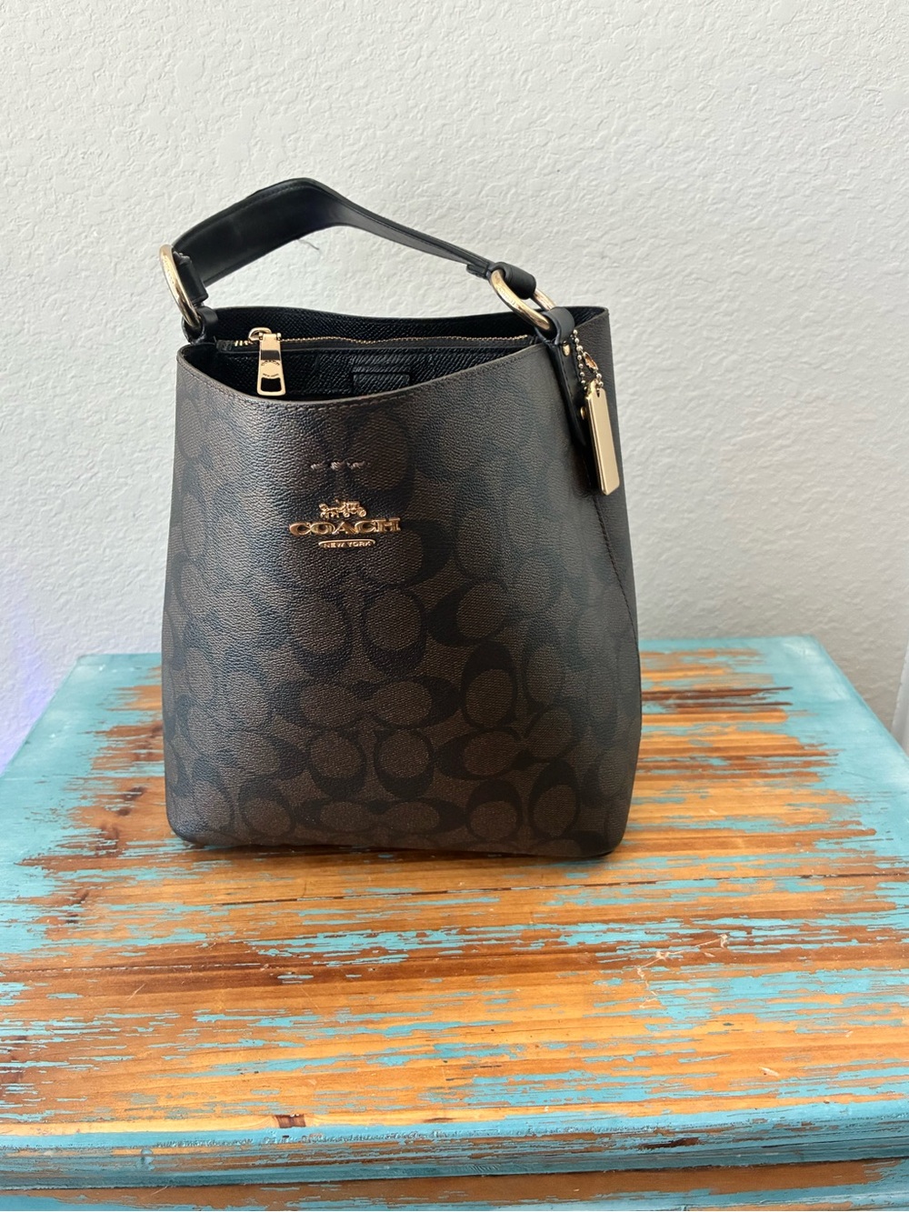 Coach Brown Signature Bucket Shoulder Bag with Gold Hardware